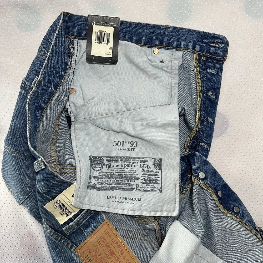 NWT Levi's Premium 501 '93 Straight Jeans Blue W\ Stretch‎ Men's Sz 38x34 RT$98